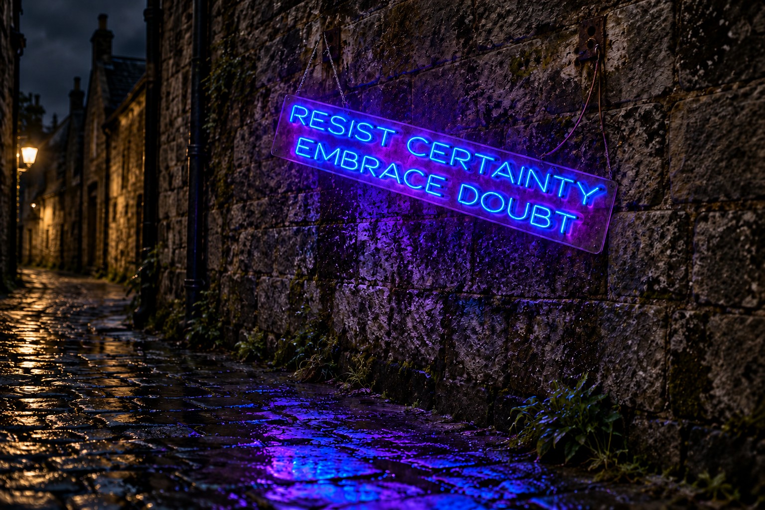 Raised neon sign on stone wall (1)